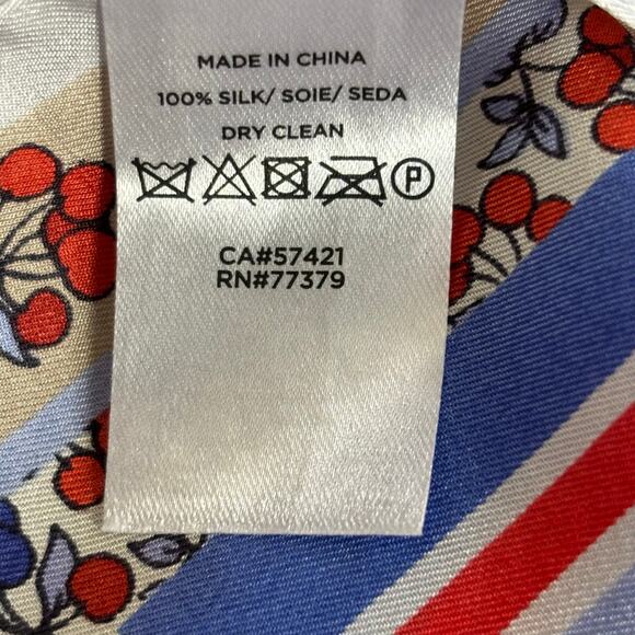 Vintage Silk Cherry Fruit Printed Scarf Red Blue Patriotic Border 90s Square - Picture 4 of 6